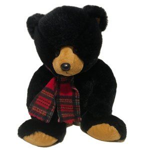 Ty Classic Plush Collection "Woodside" Black Bear Plaid Scarf 9.5"  2007 RETIRED